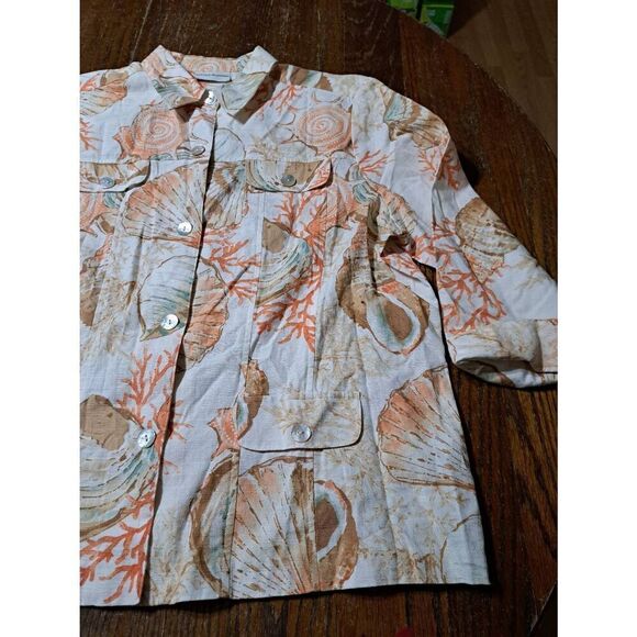 Size 14 Alfred Dunner Cotton Button Seashell Blouse Shirt Top Tan Peach Teal - Picture 2 of 6